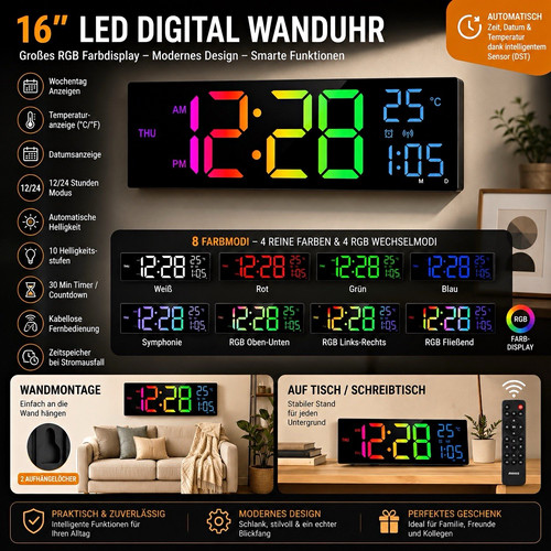 Led digital wanduhr - digital, rgb